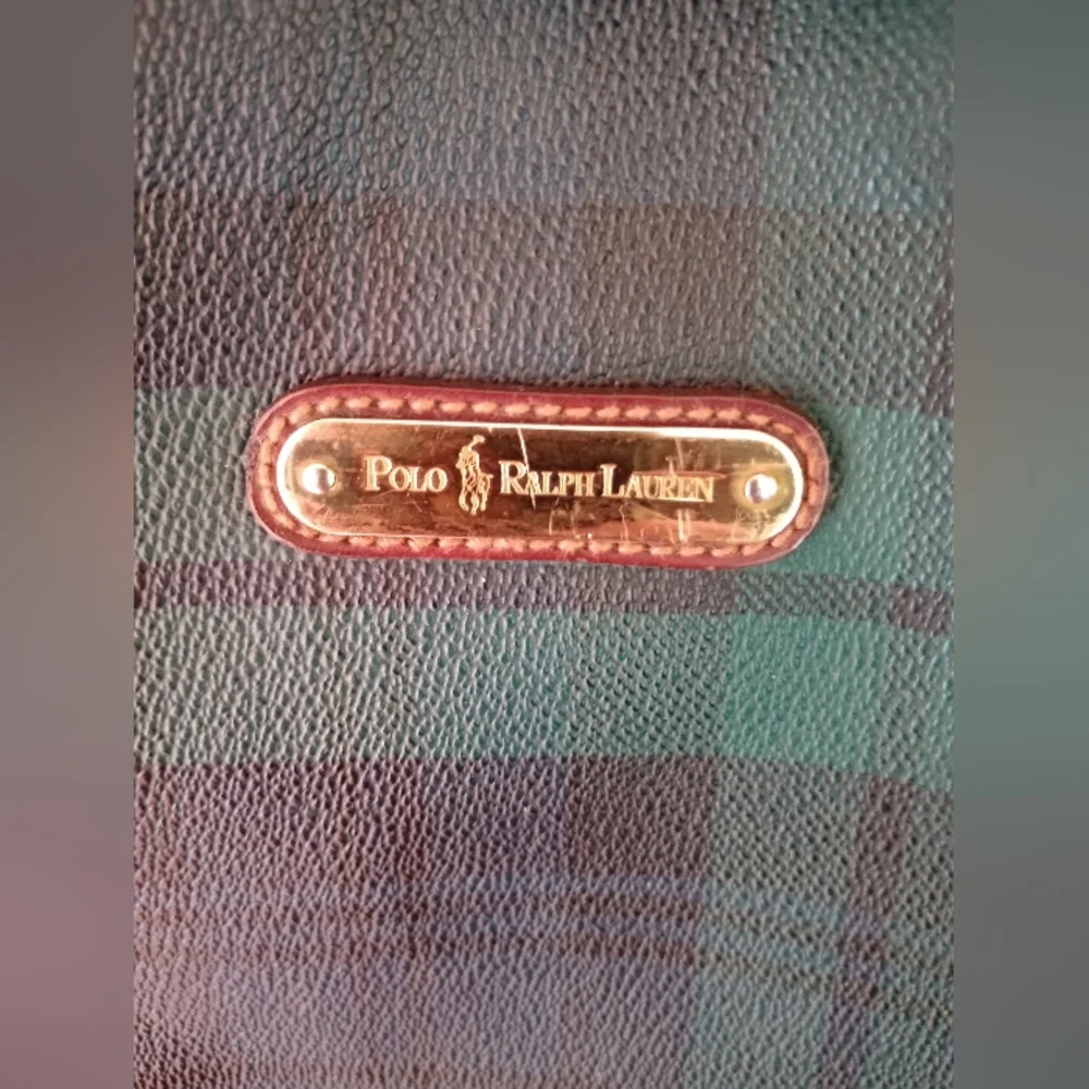 Vintage Green Plaid Tote Bag with Brown Leather Handles Polo Ralph Lauren - Picture 3 of 13